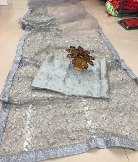 CHARVI DRISHYA Net Grey Color Sarees With Banarsi Silk Running Blouse